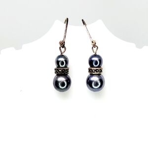 Vintage Sterling Silver Faux Black Pearl & Marcasite Earrings Pierced Dangle